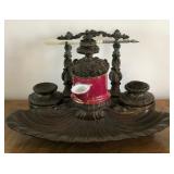 M - CAST BRONZE PINK PORCELAIN INKWELL W/4 PENS