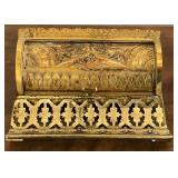 M - ANTIQUE ORNATE BRASS DOUBLE INKWELL (E109)