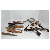 777 - LOT OF VINTAGE KNIVES, SPURS, HORSE BIT