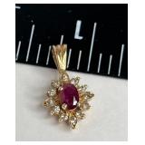 777 - VINTAGE 14K GOLD RUBY? & DIAMOND PENDANT