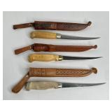 777 - LOT OF 3 VINTAGE 12" FISHING KNIVES IN LEATH
