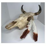 777 - LARGE VINTAGE COW SKULL WITH FEATHERS, ETC -