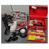 K - MIXED LOT TOOLS, PORTABLE LIGHTS, JUMPER CABLE