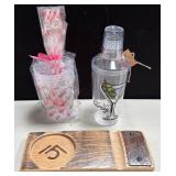 NEW WMC WHISKEY BARREL CIGAR TRAY, PARTY GLASSES