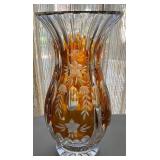 Q - BOHEMIAN CLEAR & AMBER CUT GLASS VASE (T33)