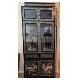 R - BLACK LACQUER ORIENTAL CHINA CABINET W/ INLAY