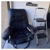 R - WORN EASY CHAIR, STEP LADDER