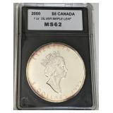 U - 2000 $5 CANADIAN SILVER MAPLE LEAF MS-62
