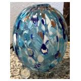 W - HAND-BLOWN BLUE SPECKLED ART GLASS VASE