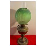 E - ANTIQUE HURRICANE LAMP W/ GREEN GLASS GLOBE
