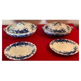 E - ANTIQUE FLOW BLUE COVERED DISHES W/ PLATES