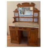E - VINTAGE CARVED WOOD SIDEBOARD W/ MARBLE TOP