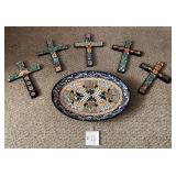 J - FIVE MEXICAN CERAMIC CROSSES & PLATTER