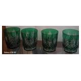 J - SET OF FOUR VINTAGE GREEN CUT TO CLEAR GLASSES
