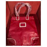 J - ESTEE LAUDER RED PATENT FAUX LEATHER TOTE BAG