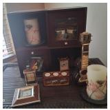 J - DISPLAY SHELF W/ CLOCKS & CANDLES