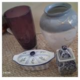 CERAMIC & GLASS VASES, COVERED DISH &  DECOR JAR