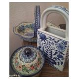 J - CERAMIC BASKET, COVERED DISH & VASE