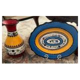 J - HAND CRAFTED & PAINTED DECORATIVE VASE & PLATE
