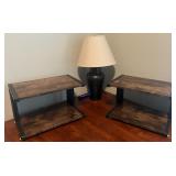 R - PAIR RUSTIC WOOD ON DESK TABLES & LAMP