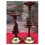 43 - PAIR OF GOLD CHRISTMAS TREE CANDLESTICKS