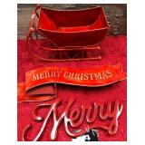 43 - RED METAL SLEIGH AND MERRY DECOR