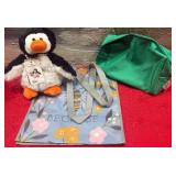 43 - PENGUIN PLUSH, TOTE BAG, GREEN COSMETIC BAG