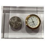 COLLECTIBLE COIN AND WATCH IN LUCITE