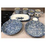 R - BLUE SPLATTER WARE MUGS, BOWLS, PITCHER (K6)
