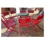 F - EIGHT RED FOLDING CHAIRS & 28"DIA TABLE (D22)