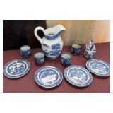 440 - BLUE & WHITE WARE PITCHER, CUPS, PLATES