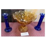 440 - TWO COBALT BLUE CANDLESTICKS & COMPOTE BOWL