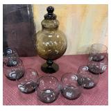 440 - VINTAGE GLASS APOTHECARY JAR, NFL TUMBLERS
