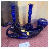 440 - COBALT BLUE CANDLESTICKS & FIGURINES (C121)