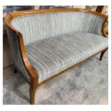 442 - UPHOLSTERED SETTEE WITH WOOD TRIM