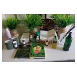 J - FAUX PLANTS IN VASES, HAND TOWELS, BOOKS, MORE