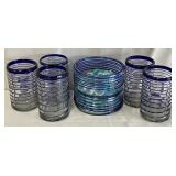 B - ART GLASS COBALT BLUE SWIRL 2 BOWL + 5 GLASSES