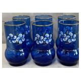 B - 22KT GOLD TRIM BLUE GLASSES HAND PAINTED 6 PCS