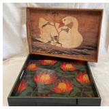 B - WOOD-SWAN SERVING TRAY + FLORAL SERVING TRAY