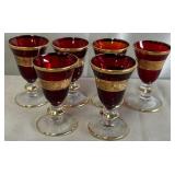 B - FOUR RUBY GLASS WITH 24K GOLD TRIM STEMWARE
