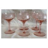 B - FIVE PIECES VINTAGE PRIMROSE PINK STEMWARE (C3