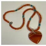 B - CARNELIAN AGATE HEART NECKLACE STERLING CLASP