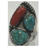 STERLING SILVER TURQOISE CORAL RING 32.4 GRS