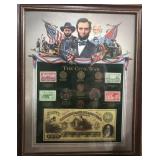 CIVIL WAR STAMPS AND COIN FRAMED