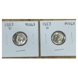 2PCS  1953-D ROOSEVELT DIMES