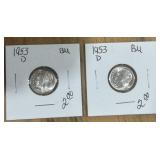 2 PCS 1953-D ROOSEVELT DIMES BU