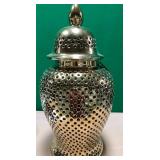 43 - PIERCED CERAMIC GOLD-TONE GINGER JAR (S34)