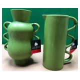 43 - TWO THREE HANDS GREEN CERAMIC VASES (S147)