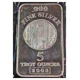 .999 FINE SILVER - 5 TROY OUNCES BAR (910 L)