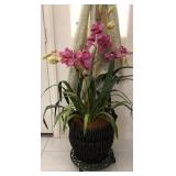 D - PLANTER POT, STAND & FAUX ORCHIDS (L8)